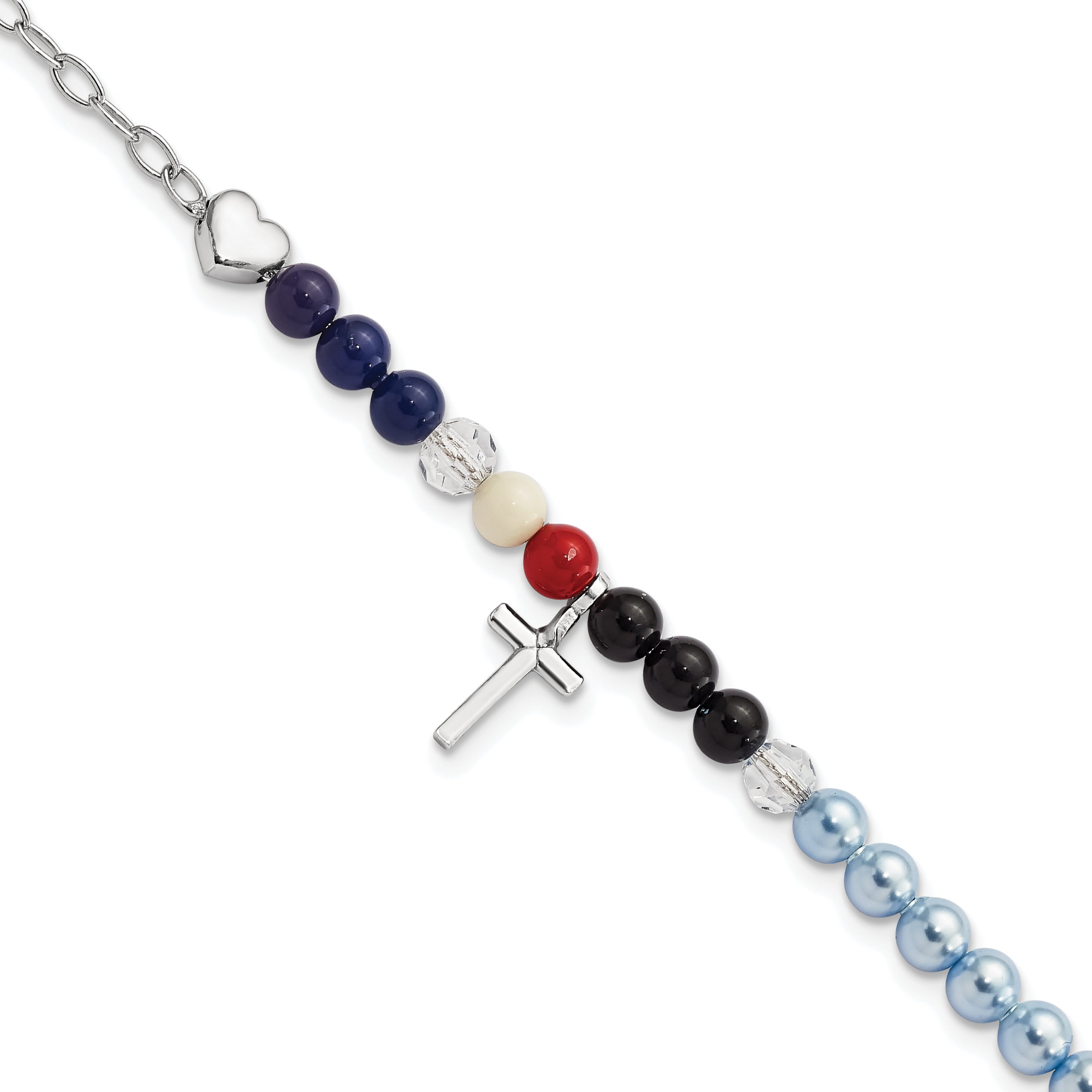 AMEN Sterling Silver Jesus' Story Multi Glass Pearl Onyx Agate Crystals Cross 6 Inch Fancy Lobster Clasp Bracelet with 2 inch Extender