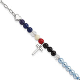 AMEN Sterling Silver Jesus' Story Multi Glass Pearl Onyx Agate Crystals Cross 6 Inch Fancy Lobster Clasp Bracelet with 2 inch Extender
