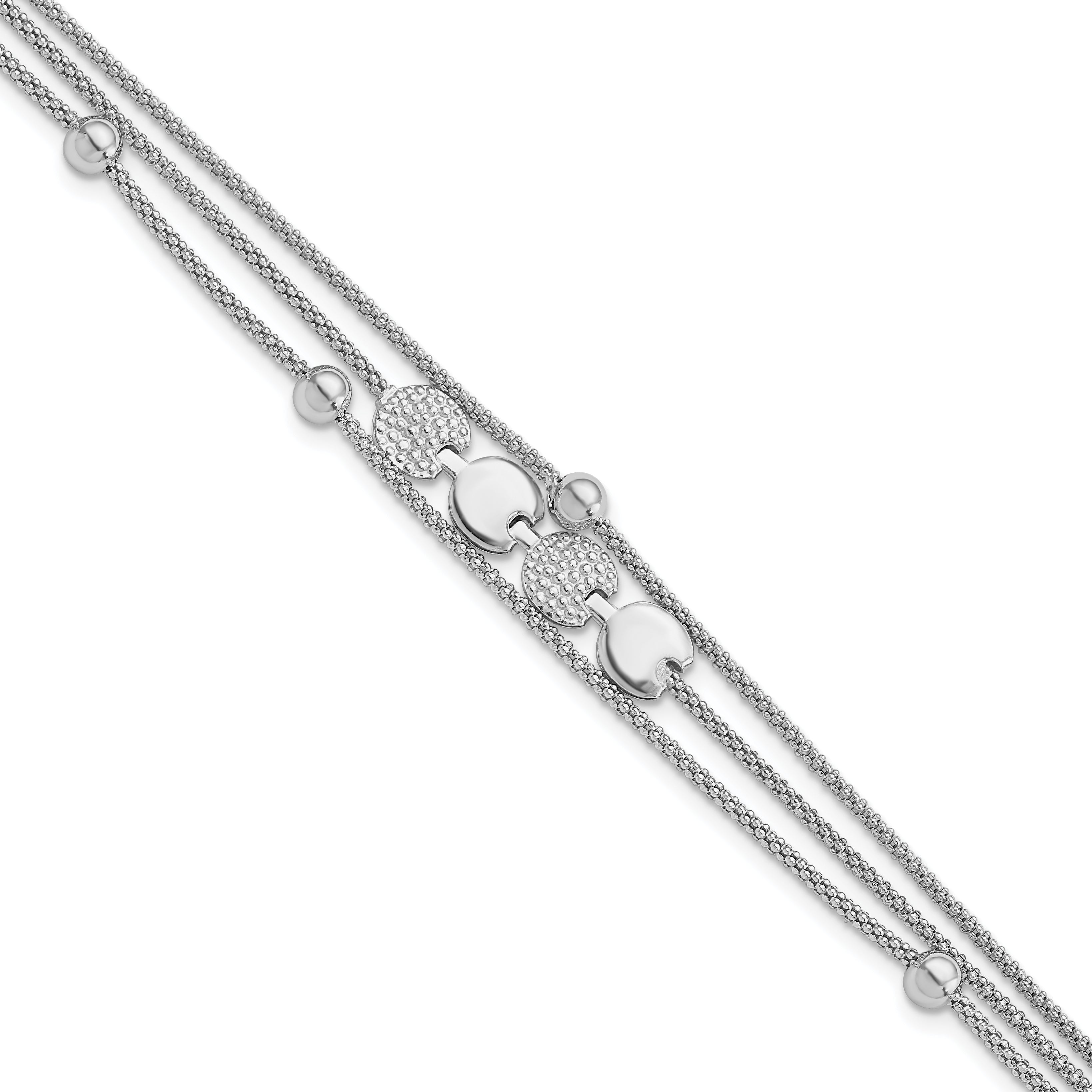 Sterling Silver Rhodium-Rhodium-Plated Beaded 3- Strand 6.5in w/ 1in ext. Bracel