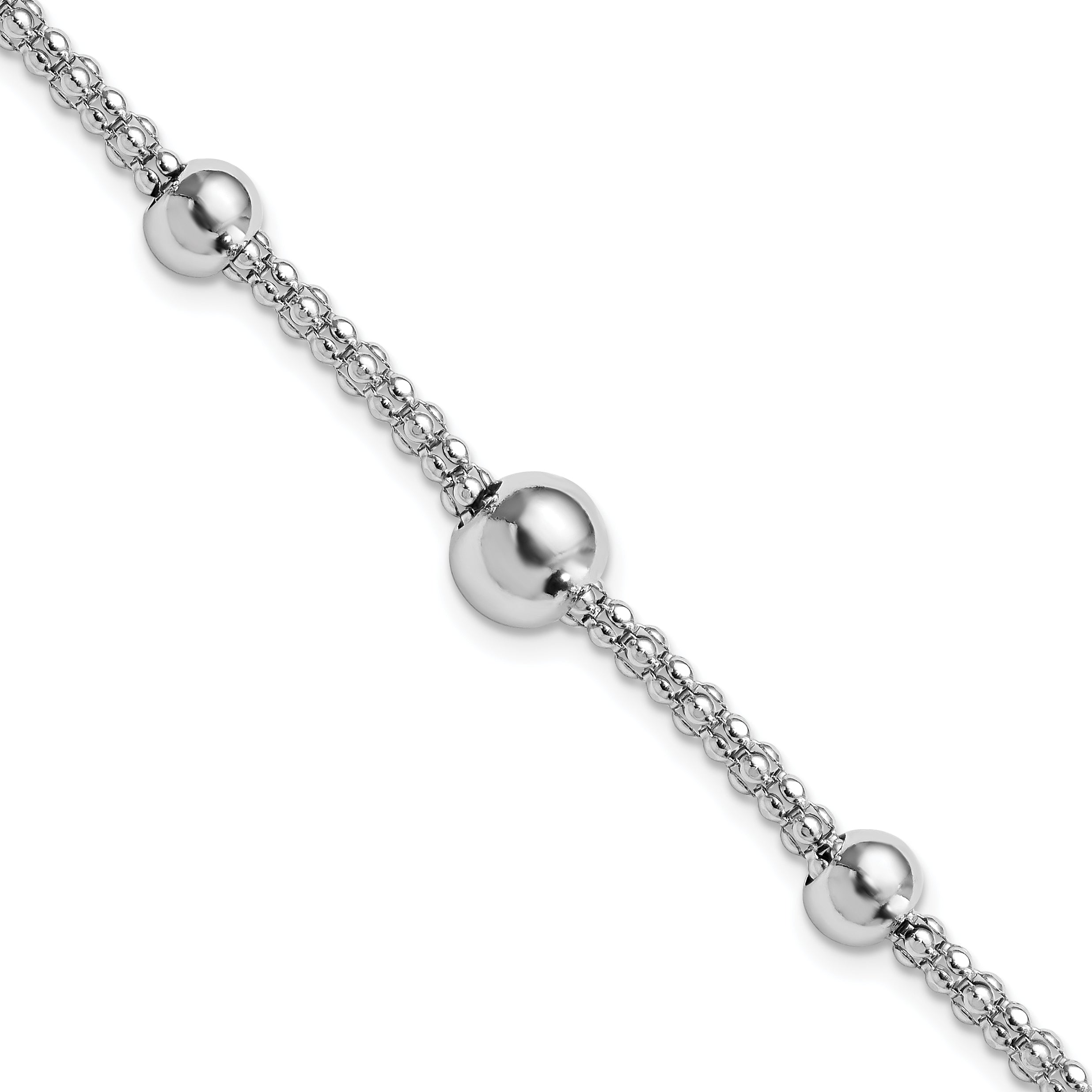 Sterling Silver Rhodium-Rhodium-Plated Beaded Popcorn Chain w/1in ext Bracelet