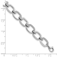Sterling Silver Rhodium-plated Clear CZ and Polished Square Link 7.75 inch Bracelet
