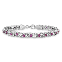 Sterling Silver Rhodium-plated Dark Pink Glass Flat Link 7.5in Bracelet