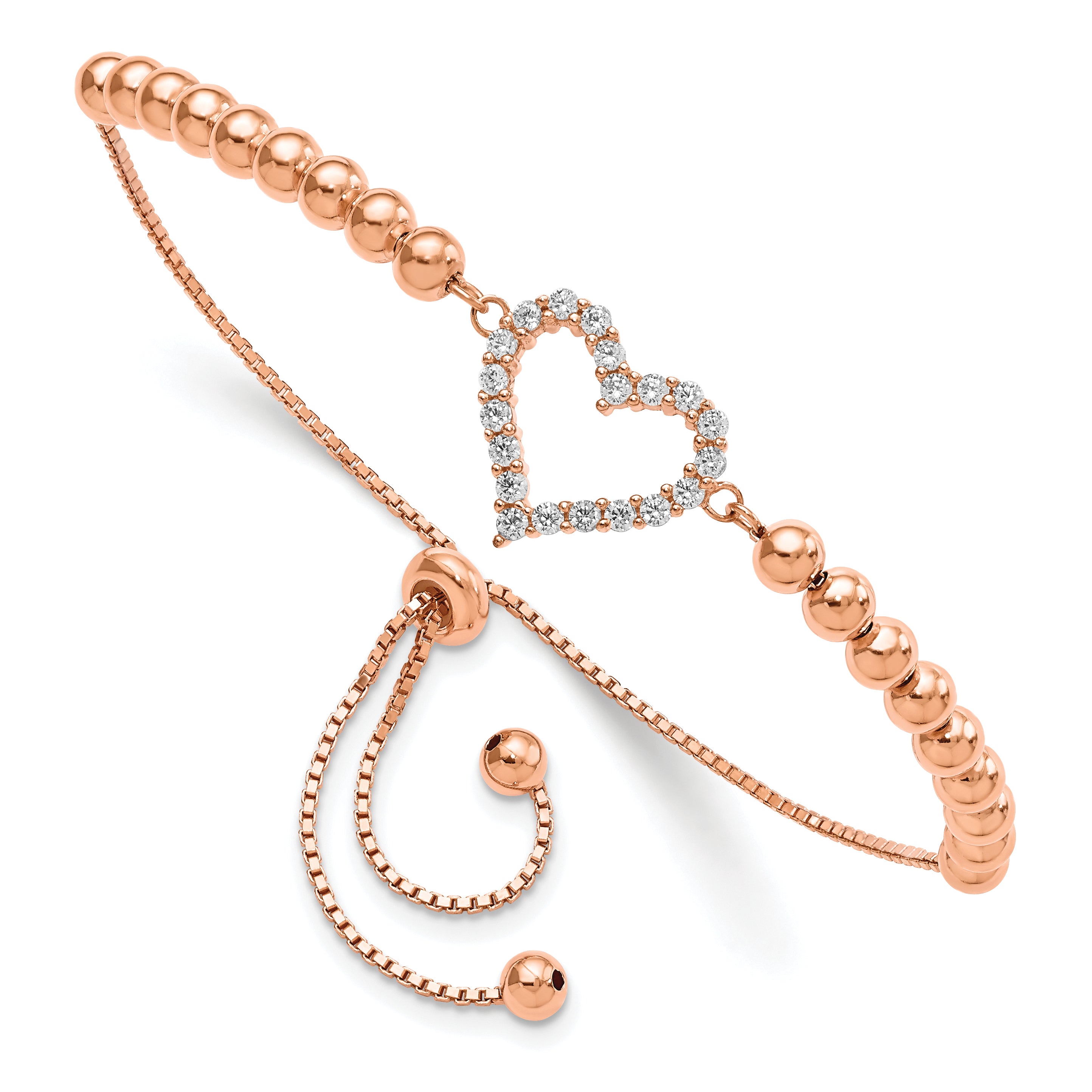 Sterling Silver Rose-tone Beaded CZ Heart Adjustable Bracelet