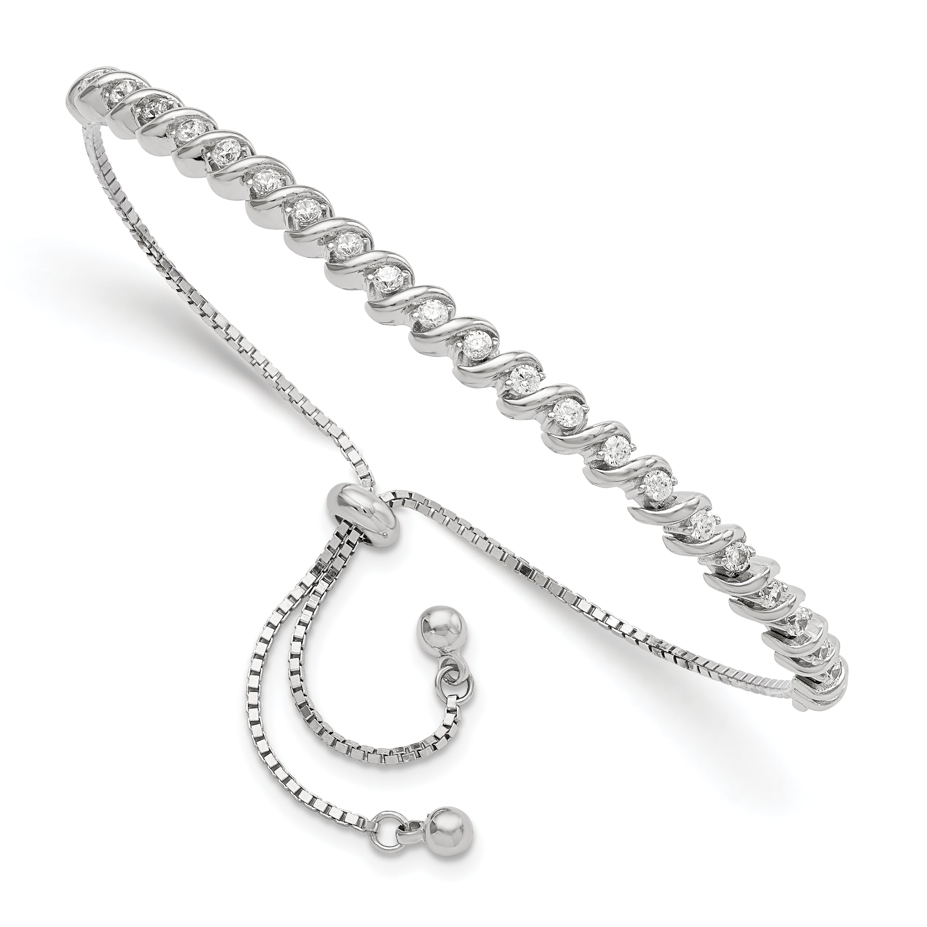 Sterling Silver Polished Rhodium-plated CZ Adjustable Bracelet