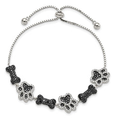 Sterling Silver Rhodium-plated CZ Paw Print & Dog Bone Adj Bracelet