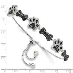 Sterling Silver Rhodium-plated CZ Paw Print & Dog Bone Adj Bracelet