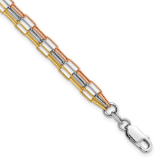 Sterling Silver Rhodium-Plated-plate Rose & Yellow-tone Paperclip Link 3-strand Brace