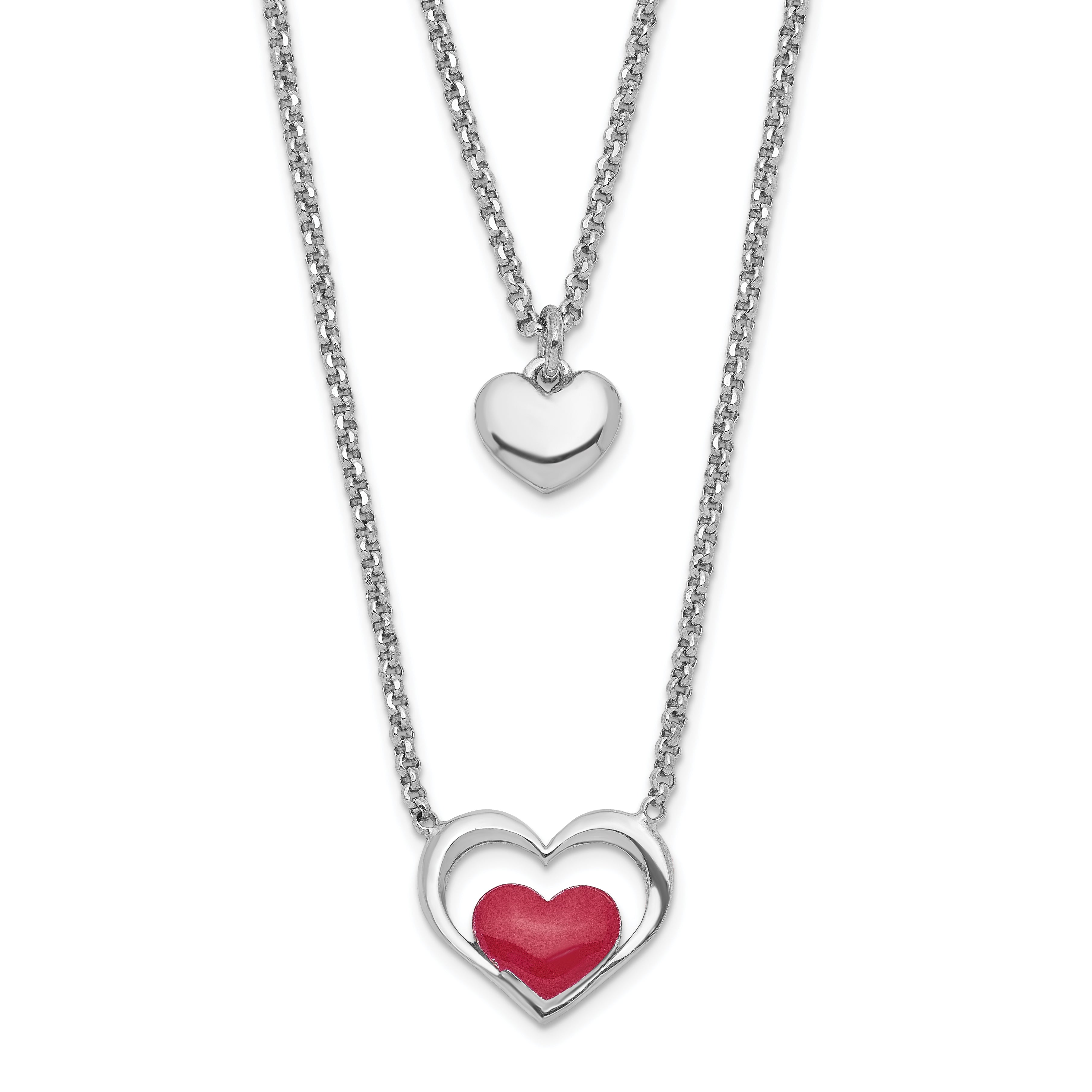 Sterling Silver Rhodium-Platedodium-plate Enamel Heart 2-Strand w/1in Ext Necklace