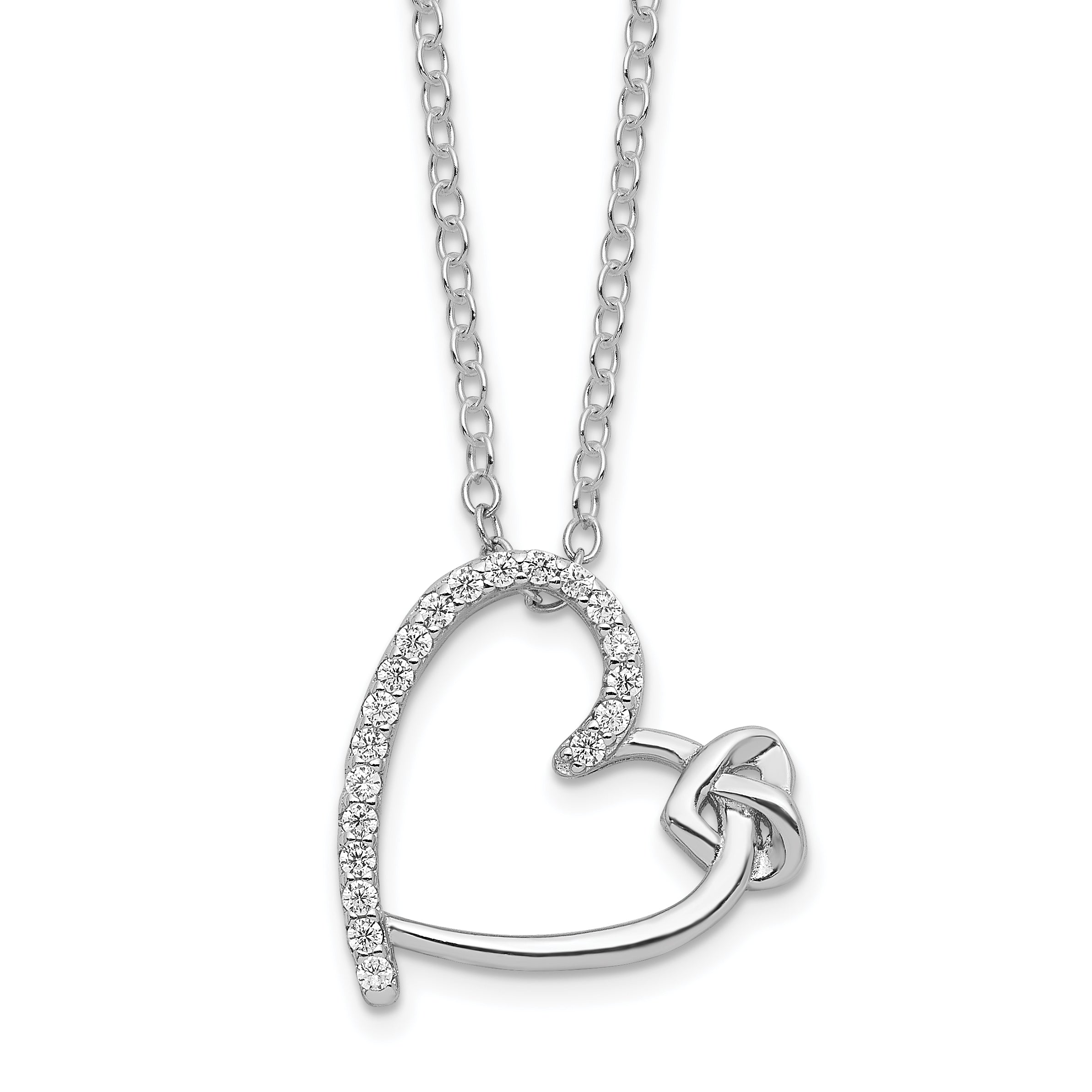 Sterling Silver Polished Rhodium-Rhodium-Plated CZ Heart 18in Necklace