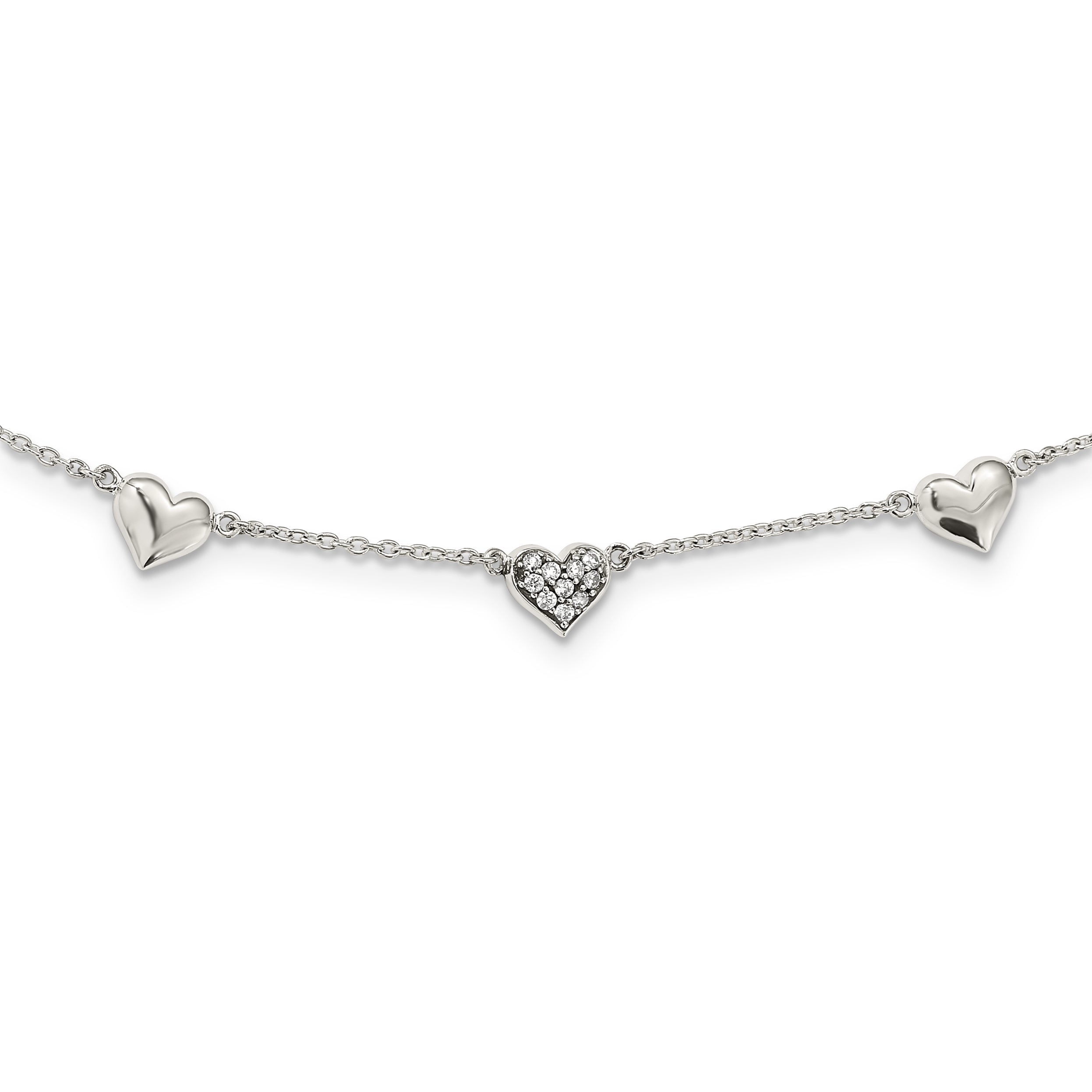 Sterling Silver Antiqued CZ Heart 17.5in With 2 Inch Extention Necklace