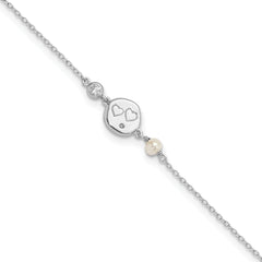 Sterling Silver Rhodium-Rhodium-Plated CZ FW Cultured Pearl w/ Hearts Bracelet