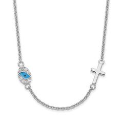 Sterling Silver Rhodium-Plated CZ Enamel Cross w/Eye 16.5in With 2 Inch Extention Necklace