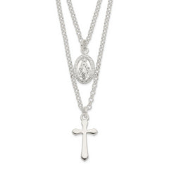 Sterling Silver Polished Medallion & Cross Necklace