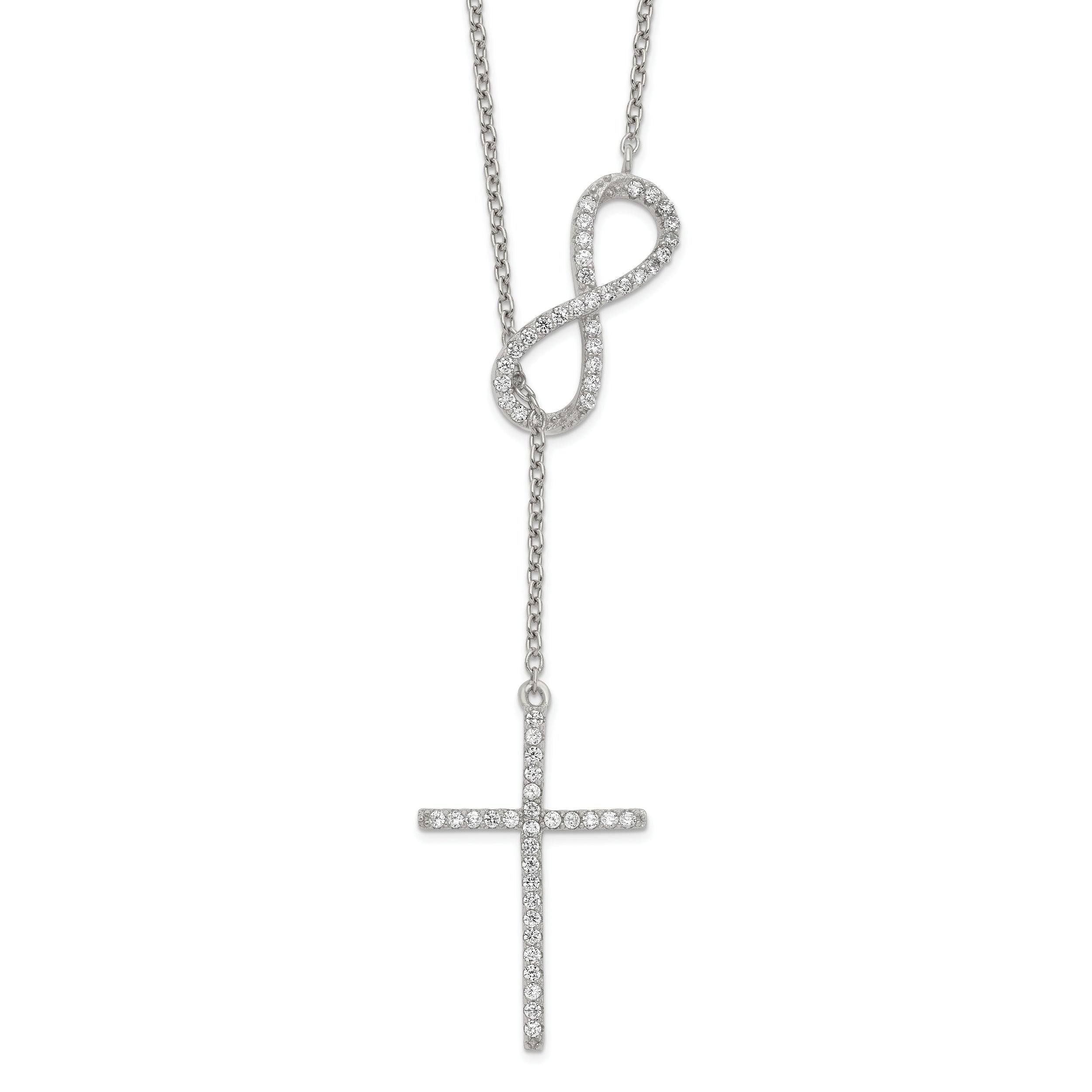 Sterling Silver Polished Rhodium-Platedodium CZ Cross/Infinity Symbol 18in Necklace