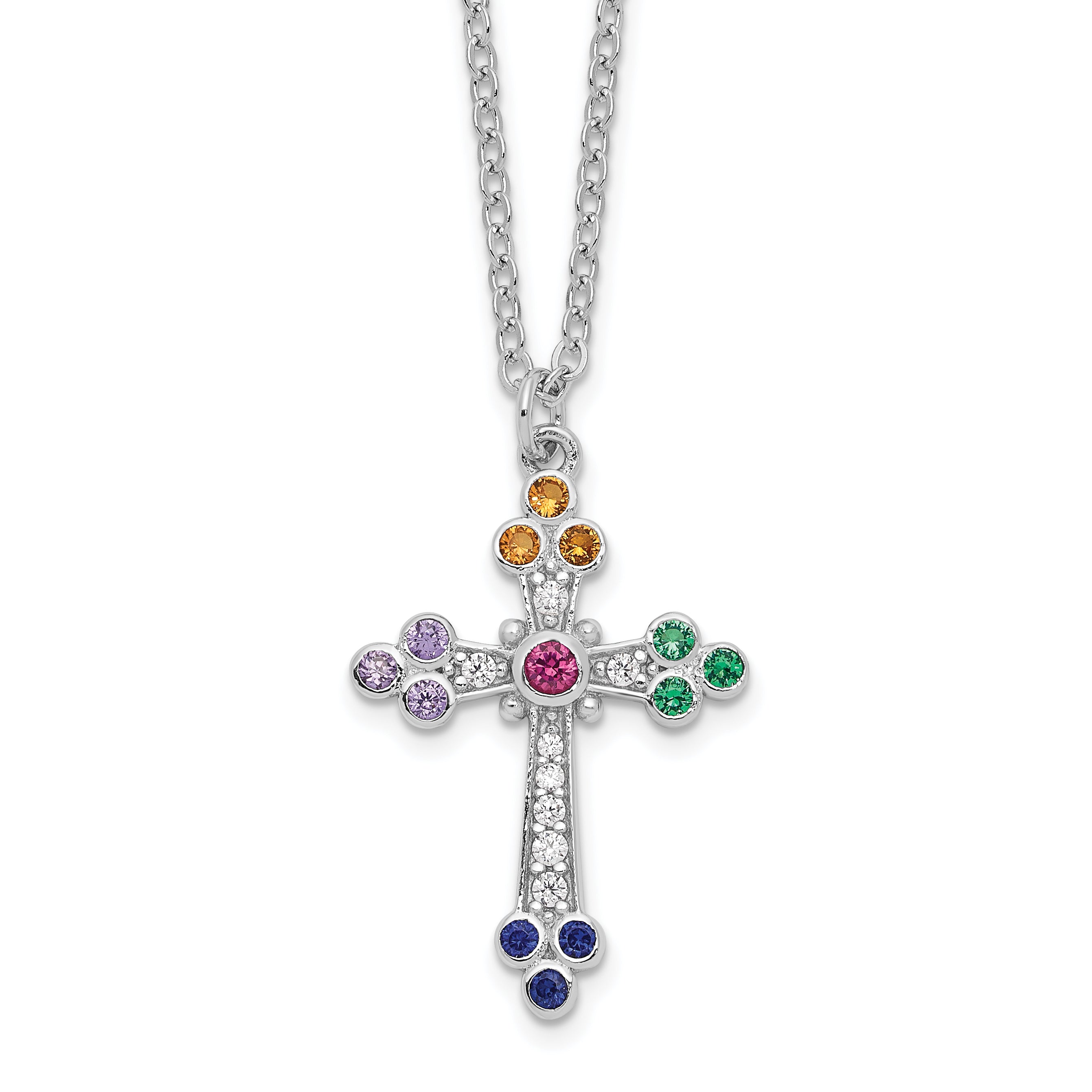 Sterling Silver Rhodium-Rhodium-Plated Polished Multi-color CZ Cross Necklace