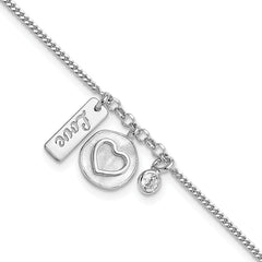 Sterling Silver Rhodium-plated Satin Heart Love CZ with .5in Ext Bracelet