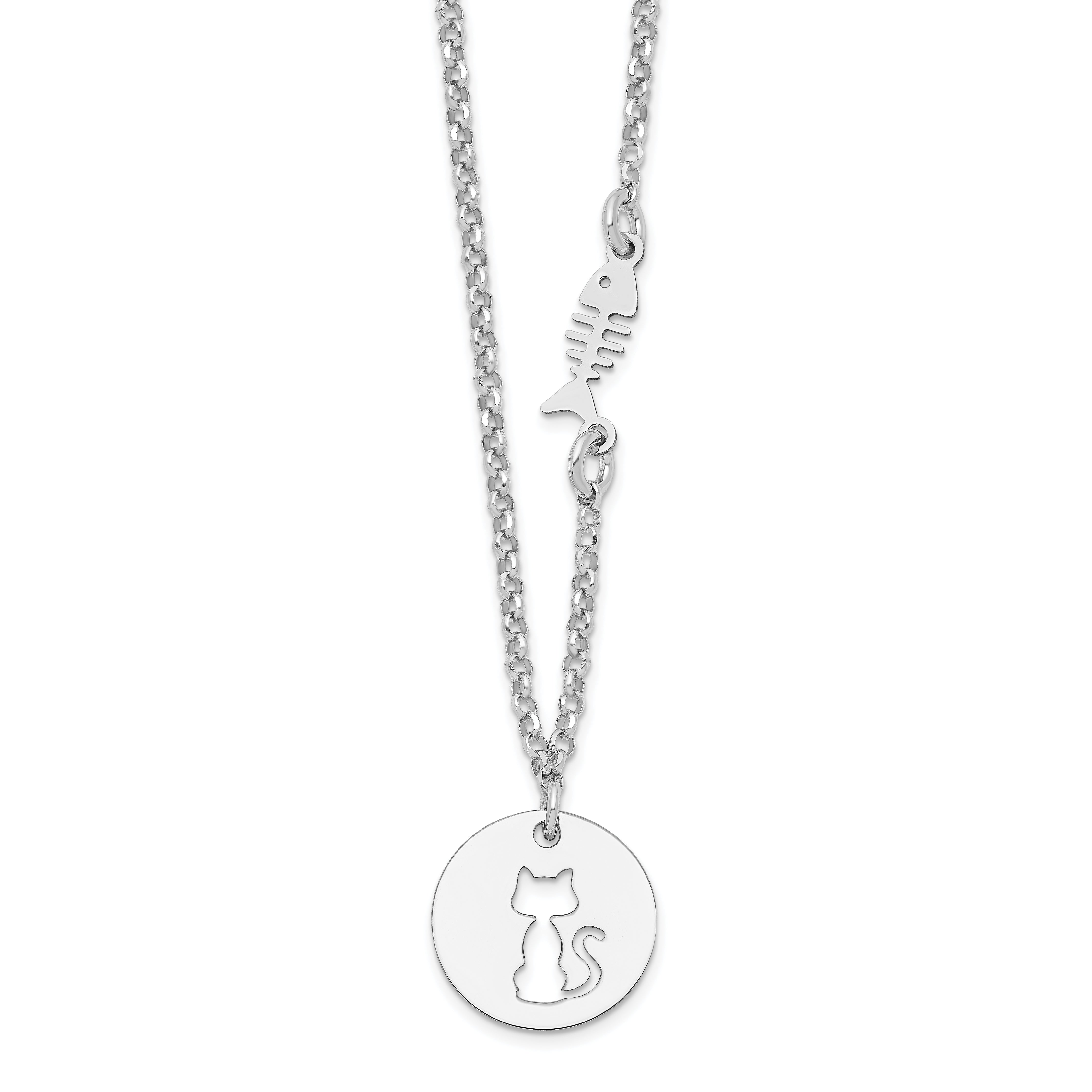 Sterling Silver Rhodium-plated Kitty and Fish w/1 in Ext Necklace