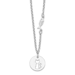 Sterling Silver Rhodium-plated Kitty and Fish w/1 in Ext Necklace