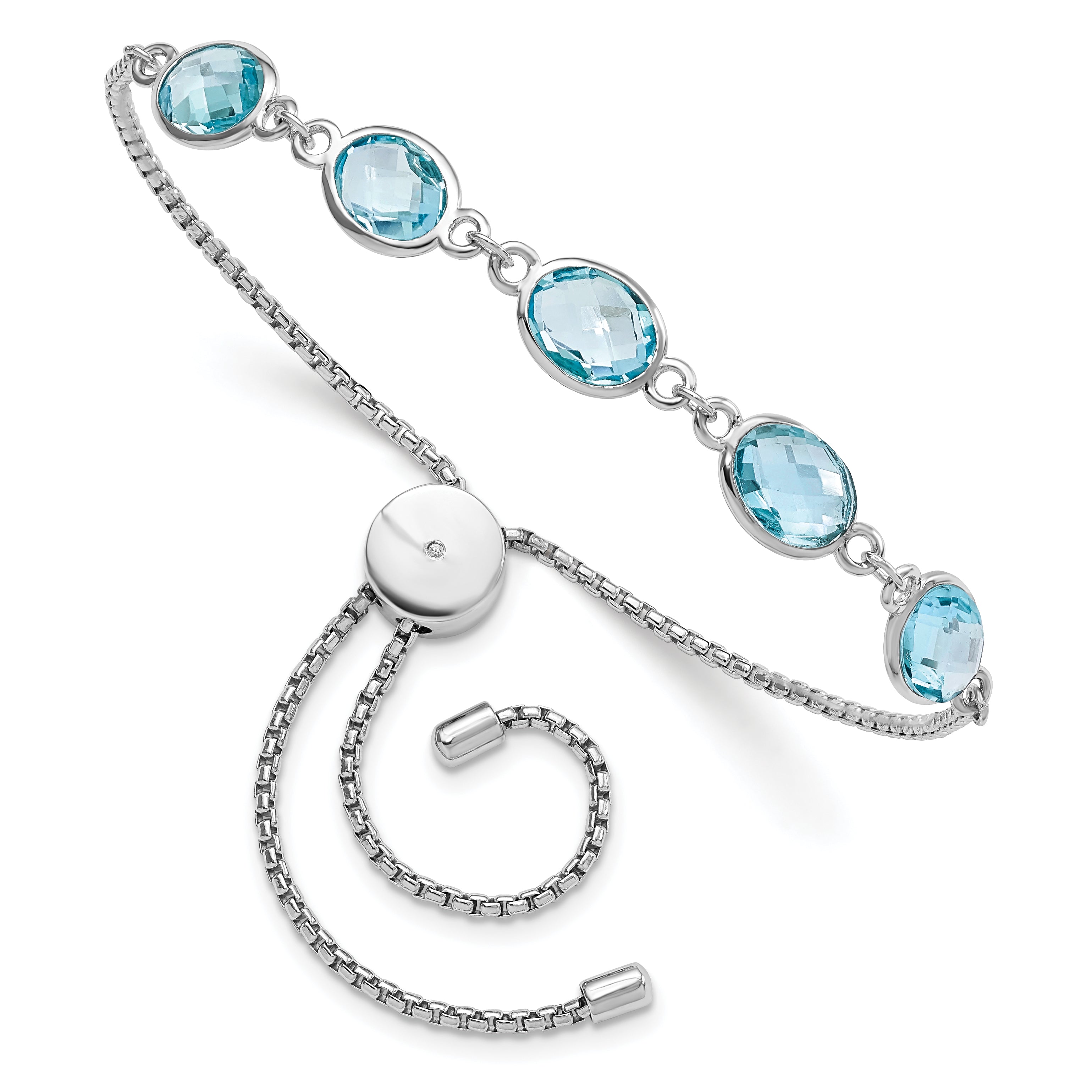 Sterling Silver Rhodium-Rhodium-Plated BlueTopaz & CZ Adjustable Bracelet