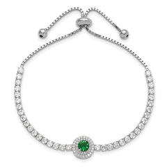 Sterling Silver Rhodium-plated CZ and Green Glass Adjustable Bracelet
