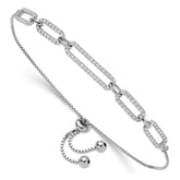 Sterling Silver Rhod-plated Paperclip Link CZ Adjustable Bracelet