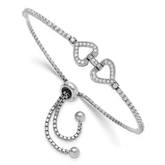 Sterling Silver Rhodium-plated CZ Linked Hearts Adjustable Bracelet