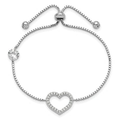 Sterling Silver Rhodium-plated Polished CZ Open Heart Adjustable Bracelet