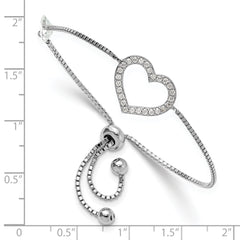 Sterling Silver Rhodium-plated Polished CZ Open Heart Adjustable Bracelet