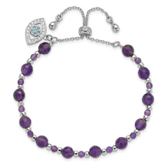 SS Rh-plated Amethyst and CZ and Blue Glass Adjustable Bracelet