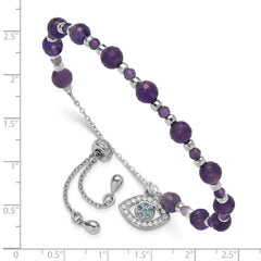 SS Rh-plated Amethyst and CZ and Blue Glass Adjustable Bracelet