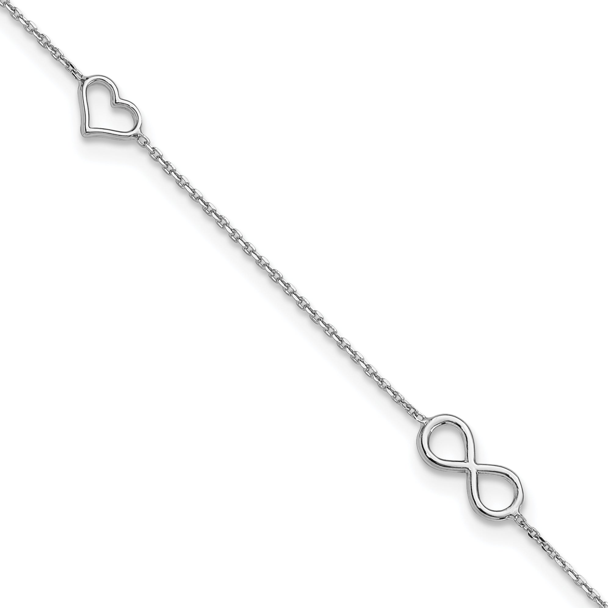 Sterling SilverRhodium-Rhodium-Plated Heart/Infinity Symbol 9in Plus 1in ext. Anklet