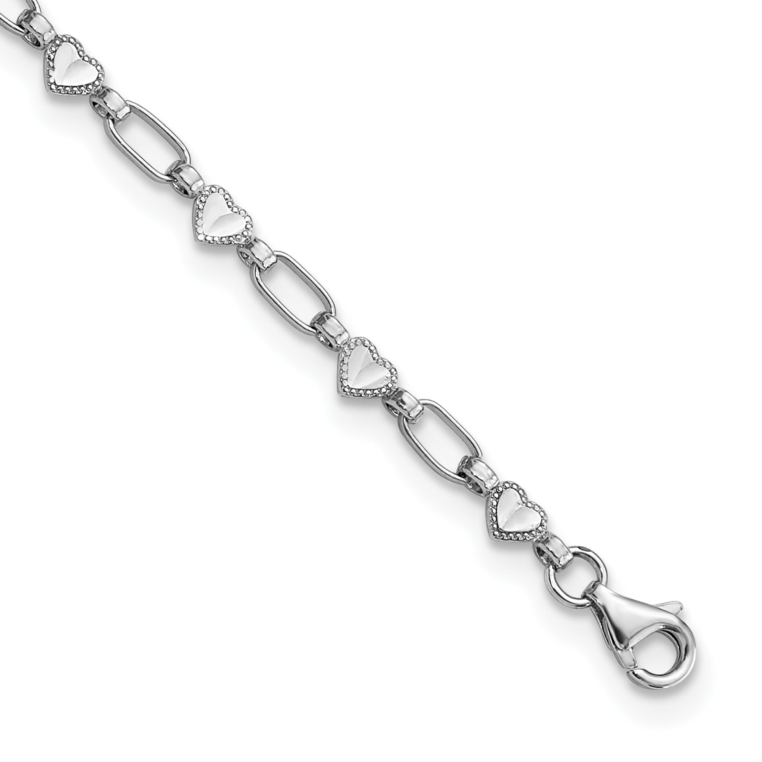 Sterling Silver Rhodium-Rhodium-Plated Heart Link 10in Anklet