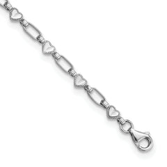 Sterling Silver Rhodium-Rhodium-Plated Heart Link 10in Anklet