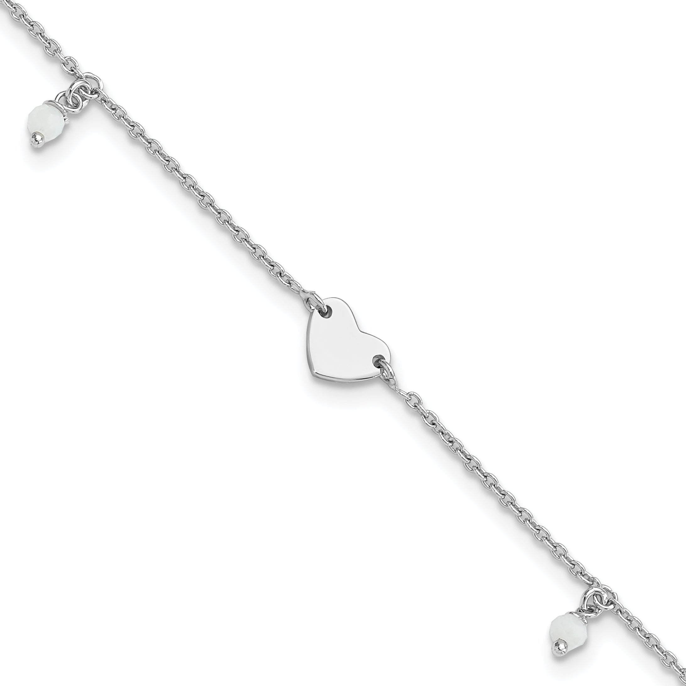 Sterling Silver Rhodium-Rhodium-Plated Heart Glass Beads 9in Plus 1in ext Anklet