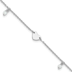 Sterling Silver Rhodium-Rhodium-Plated Heart Glass Beads 9in Plus 1in ext Anklet