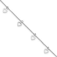 Sterling Silver Rhodium-Rhodium-Plated Polished Heart 9.5in Plus 1in ext. Anklet