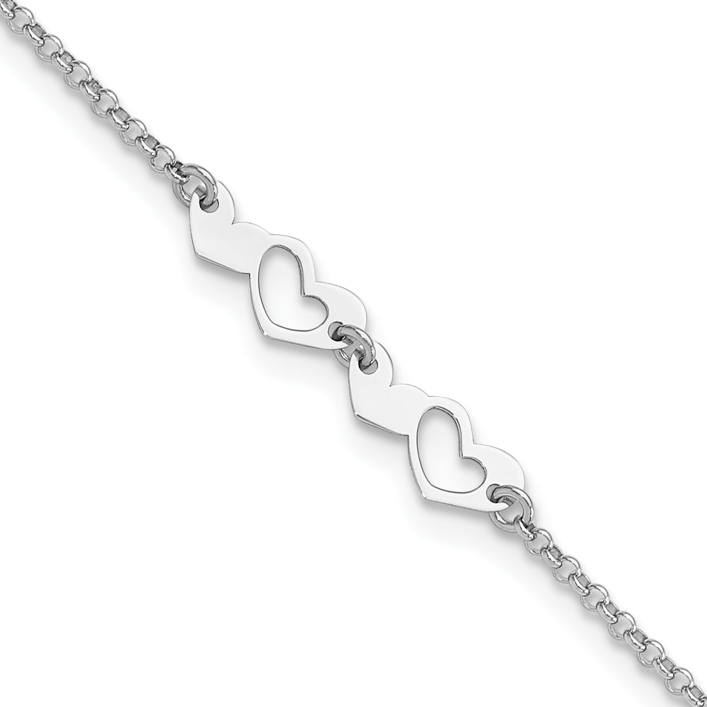 Sterling Silver Rhodium-Rhodium-Plated Hearts 9in Plus 1in ext Anklet