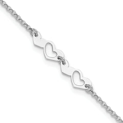 Sterling Silver Rhodium-Rhodium-Plated Hearts 9in Plus 1in ext Anklet