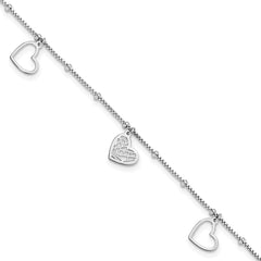 Sterling Silver Rhodium-Rhodium-Plated Cut out Hearts 9in Plus 1in ext Anklet