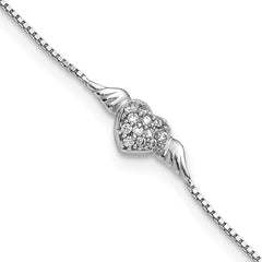 Sterling Silver Rhodium-Rhodium-Plated CZ Heart w/Wings 9in Plus 1in ext Anklet