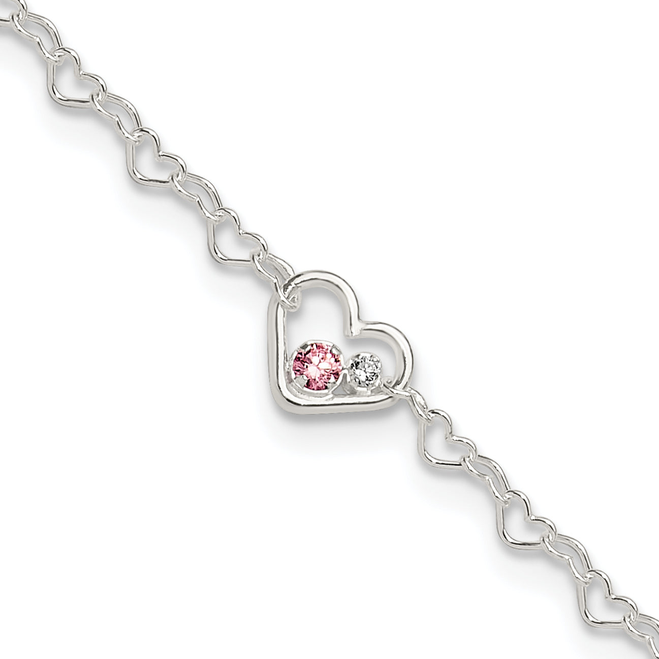 Sterling Silver Polished CZ Heart Link 9in Plus 1in ext. Anklet