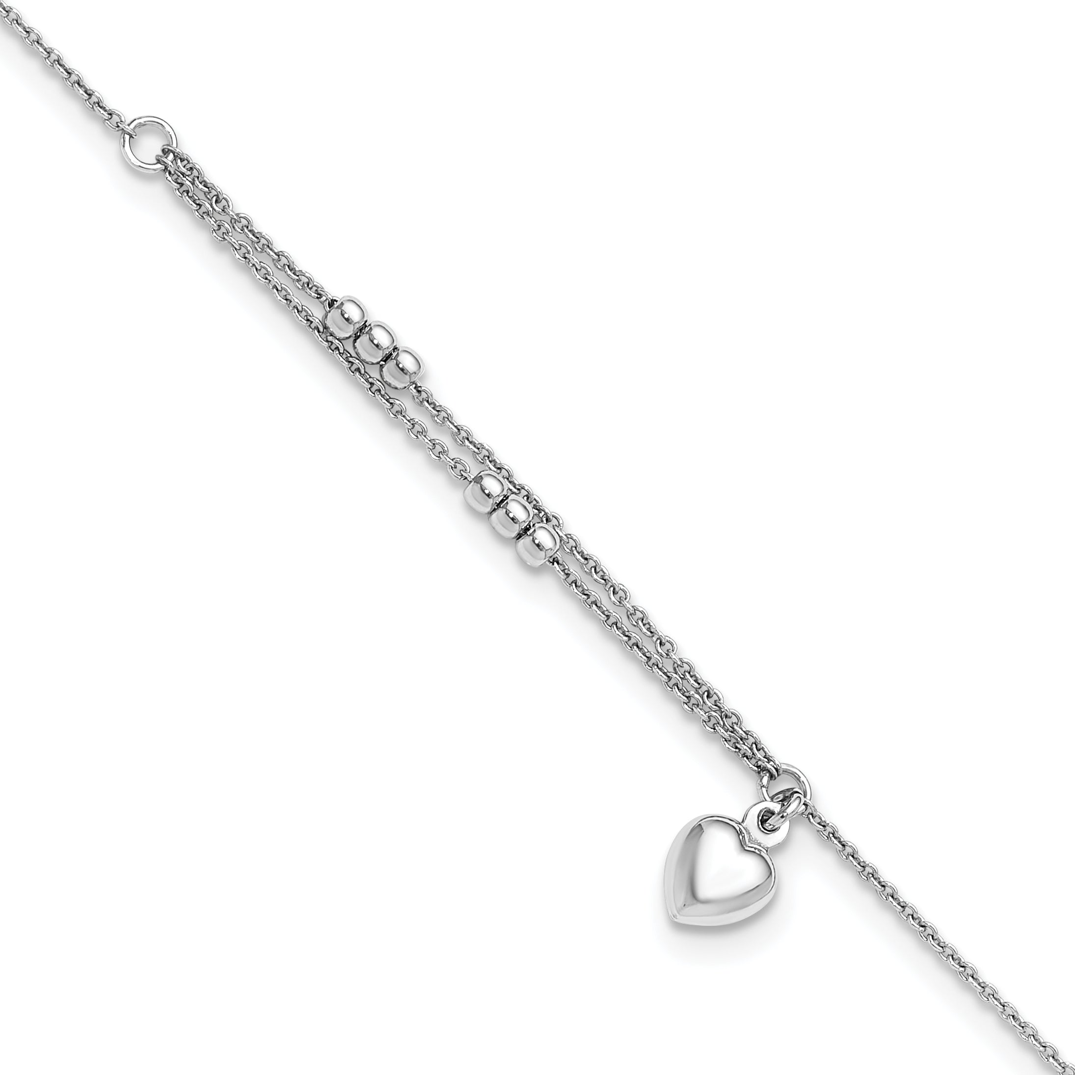 Sterling Silver Rhodium-Rhodium-Plated Beads and Heart 9in Plus 1in ext Anklet