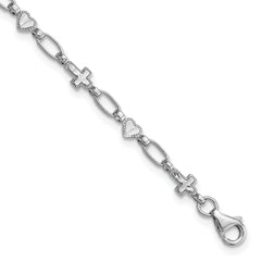Sterling Silver Rhodium-Rhodium-Plated 7.5 inch Heart and Cross Bracelet