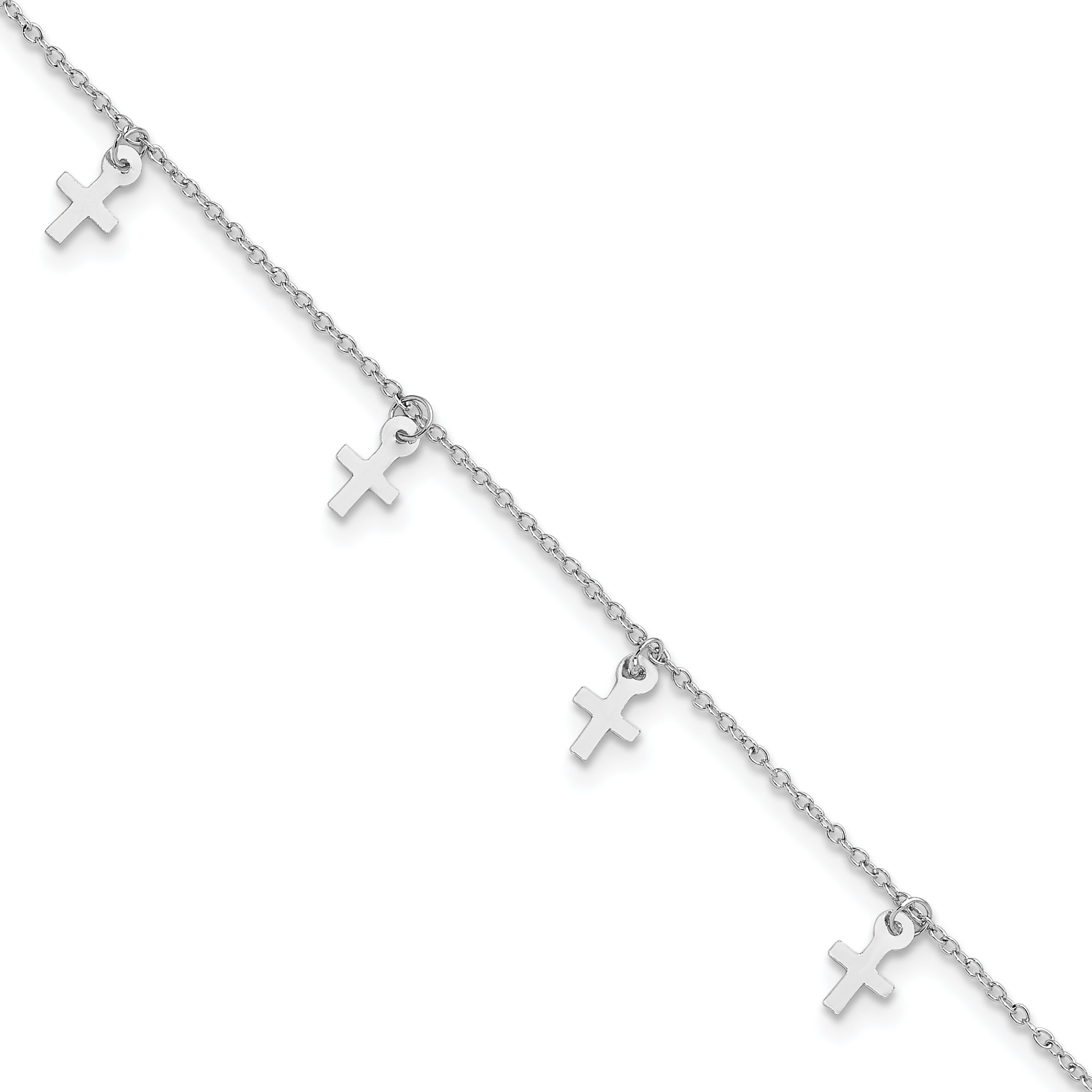 Sterling Silver Rhodium-Rhodium-Plated Polished Cross 9.5in Plus 1in ext. Anklet