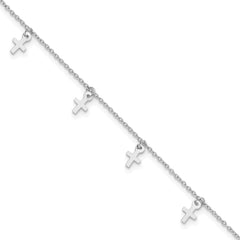 Sterling Silver Rhodium-Rhodium-Plated Polished Cross 9.5in Plus 1in ext. Anklet