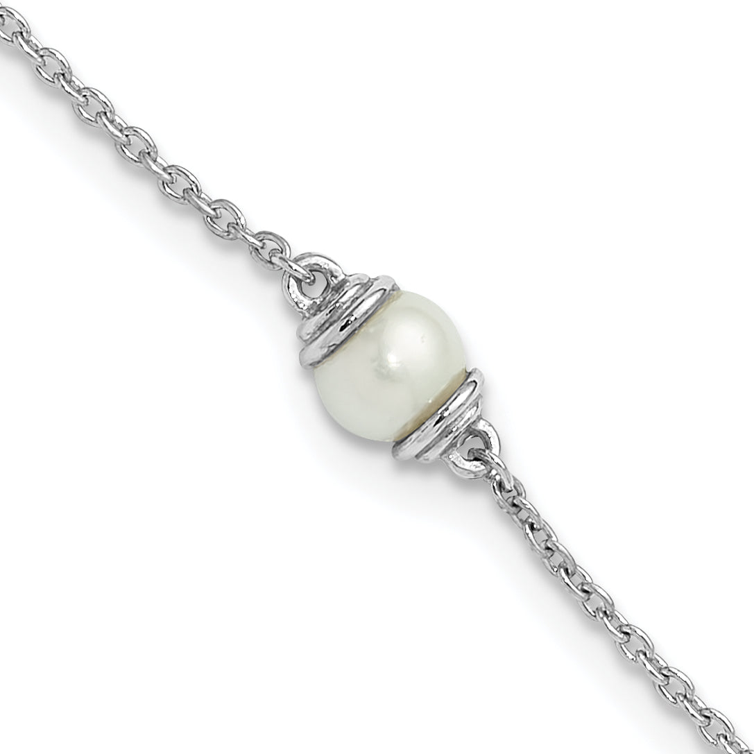 Sterling Silver Rhodium-Rhodium-Plated FWC Pearl 9in Plus 1in ext Anklet