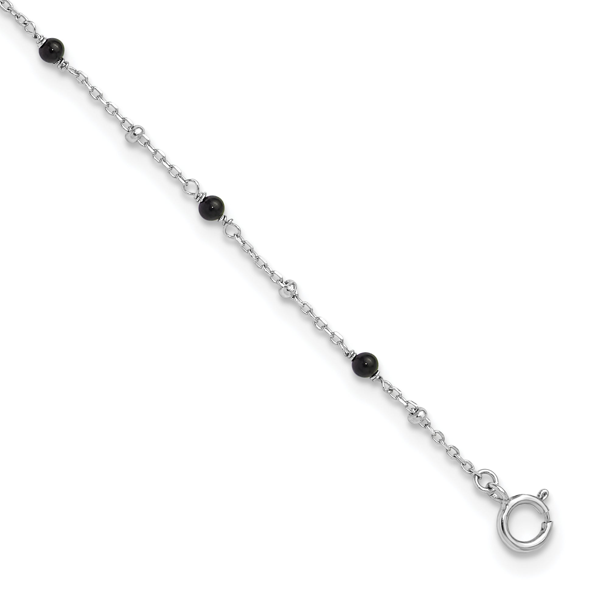 Sterling Silver Rhodium-Rhodium-Plated Onyx Beaded 9.25in Plus 1in ext Anklet