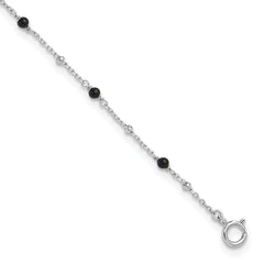 Sterling Silver Rhodium-Rhodium-Plated Onyx Beaded 9.25in Plus 1in ext Anklet
