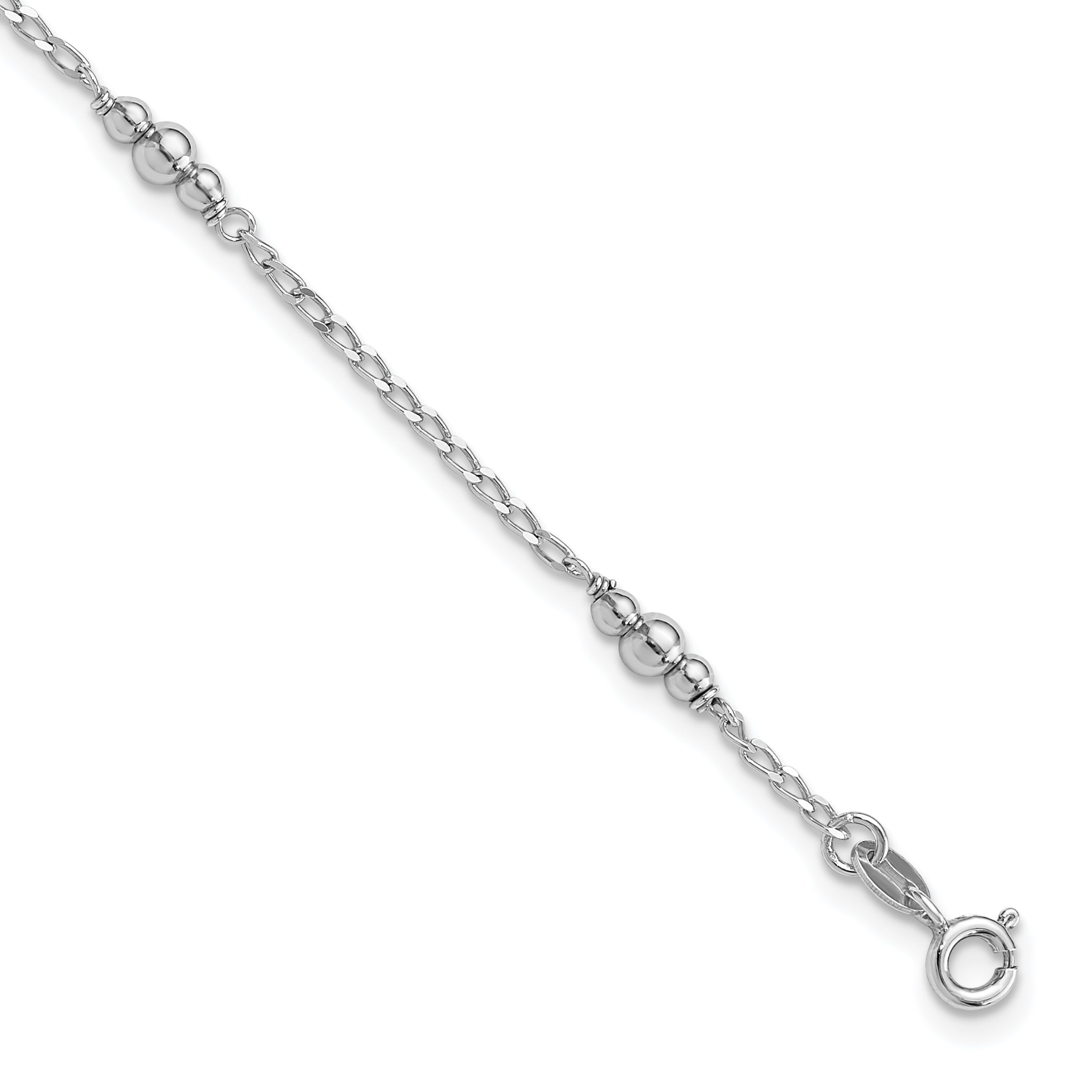 Sterling Silver Rhodium-Rhodium-Plated Polished Beaded 9in Plus 1 in ext Anklet