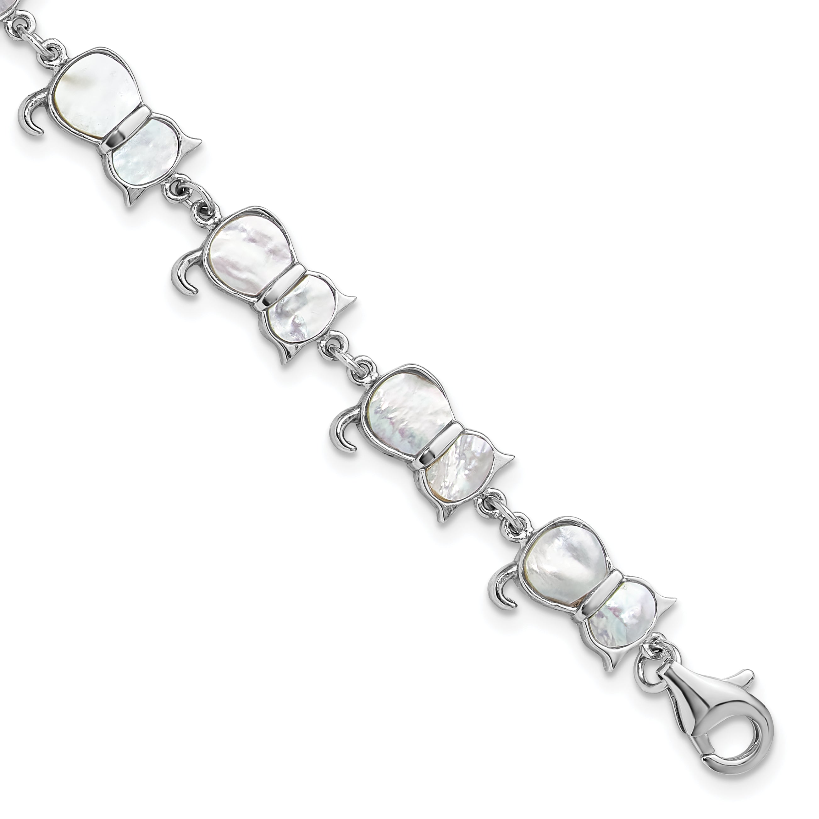 Sterling Silver Rhodium-Rhodium-Plated Mother of Pearl Cat Link Bracelet
